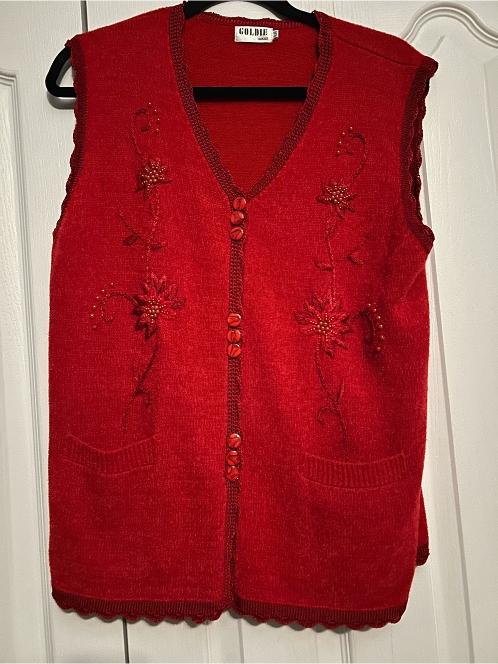 Vintage Goldie Red Beaded Floral Knit Vest
